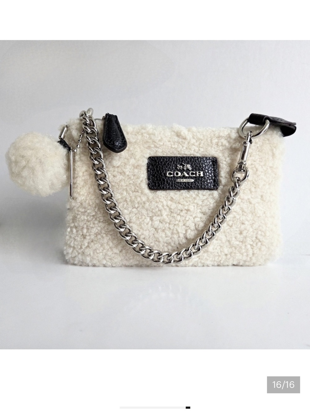COACH Cream Shearling Wristlet with Silver Chain and Black Leather Trim